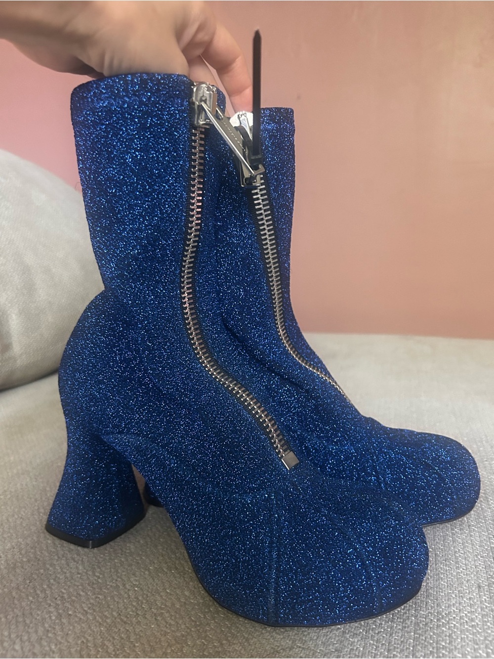 Stella McCartney Blue Glitter Zip Ankle Boots - Women - Brand New